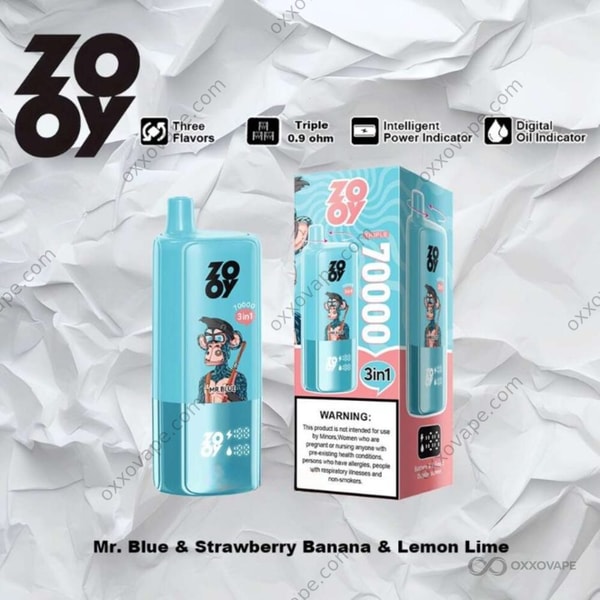 ZOOY Triple 70000 Mr Blue Strawberry Banana Lemon Lime flavor packaging with deep blue and yellow color scheme
