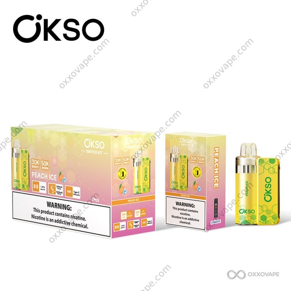 OKSO Switch Kit 50K Peach Ice flavor pod packaging with warm peach tones and icy frost design elements