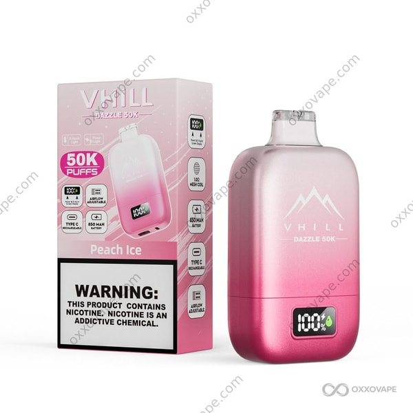 VHILL Dazzle 50000 Peach Ice flavor packaging in warm peach orange tones with icy blue accent details