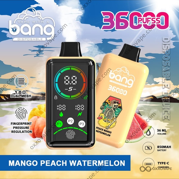 Bang 36000 Power Peach Mango Watermelon flavor disposable vape featuring warm tropical-toned device design