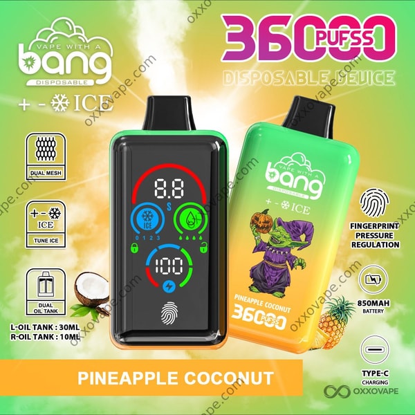 Bang 36000 Ice Level Pineapple Coconut flavor device with tropical yellow and white color scheme