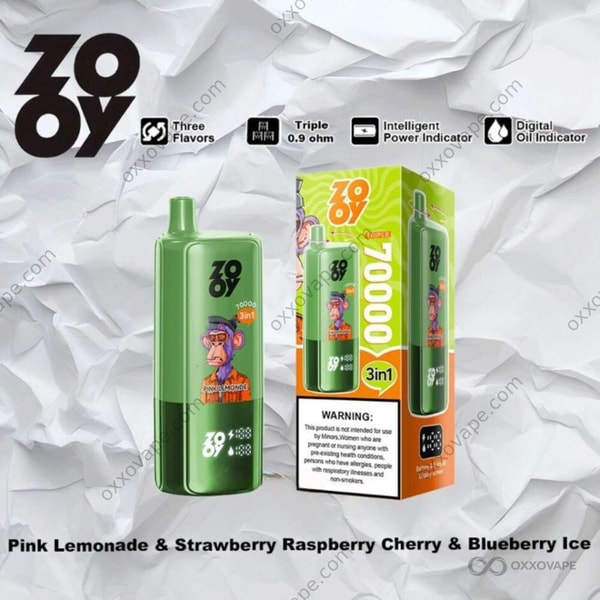 ZOOY Triple 70000 Pink Lemonade Eper Málna Cseresznye Áfonya Jégcsomagolás pasztell rózsaszín és jégkék tónusokkal