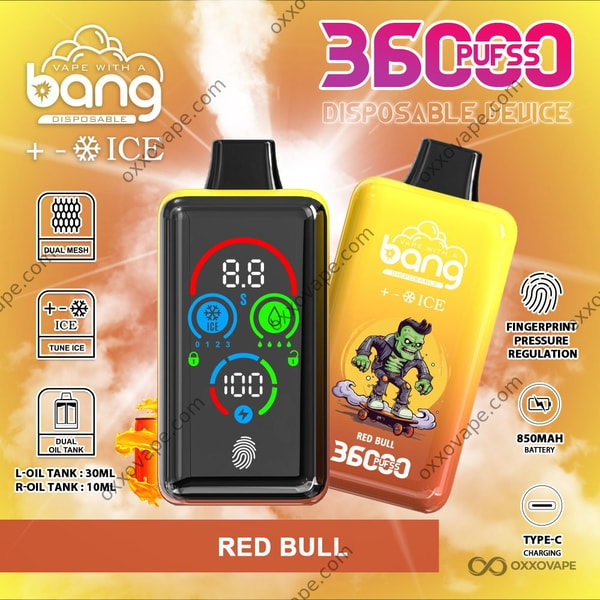 Bang 36000 Ice Level Red Bull flavor packaging with silver and blue energy drink inspired design