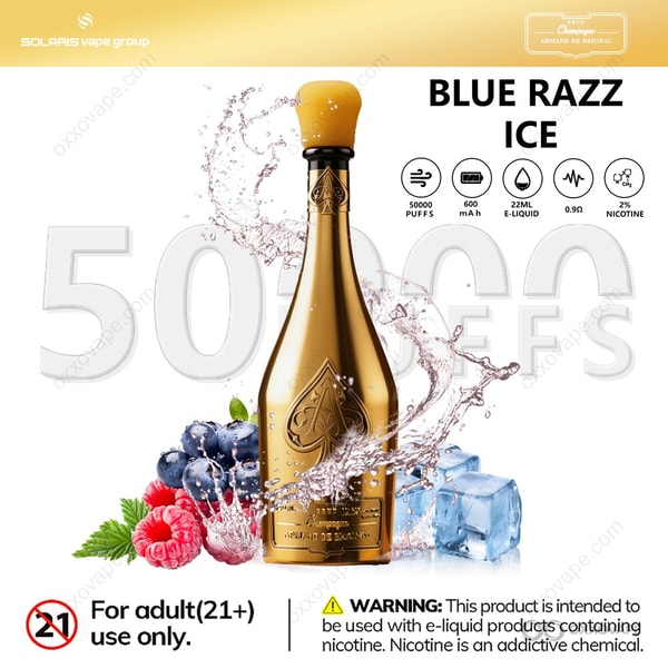 Solaris ARMAND DE BRIGNAC Champagne 50000 Blue Razz Ice flavor rechargeable pod system