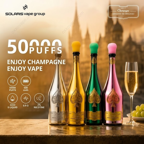 Solaris ARMAND DE BRIGNAC Champagne 50000 Puffs Pod System all 12 flavors lineup luxury champagne bottle design