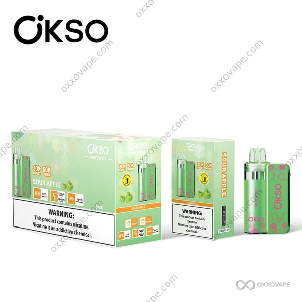 OKSO Switch Kit 50K Sour Apple pod in bright green packaging with sharp Granny Smith apple graphic and tart flavor branding