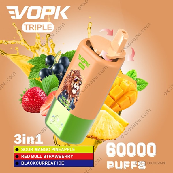 Vopk Triple 60000 Sour Mango Ananász Red Bull Strawberry Blackcurrant Ice ízű változat csomagolás