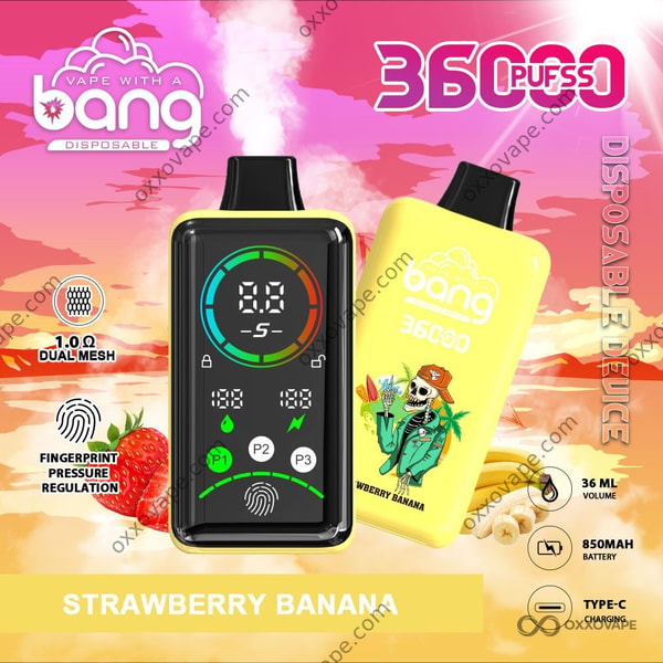 Bang 36000 Power Strawberry Banana flavor disposable vape with warm pink and yellow dessert-themed device design