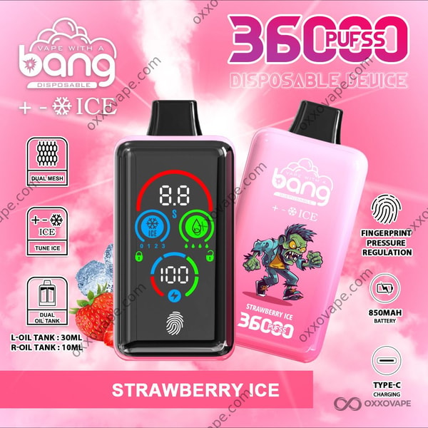 Bang 36000 Ice Level Strawberry Ice flavor device with red and icy blue gradient design