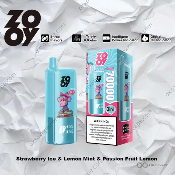 ZOOY Triple 70000 Strawberry Ice Lemon Mint Passion Fruit Lemon csomagolás hideg jegeskék és trópusi sárga árnyalatokkal