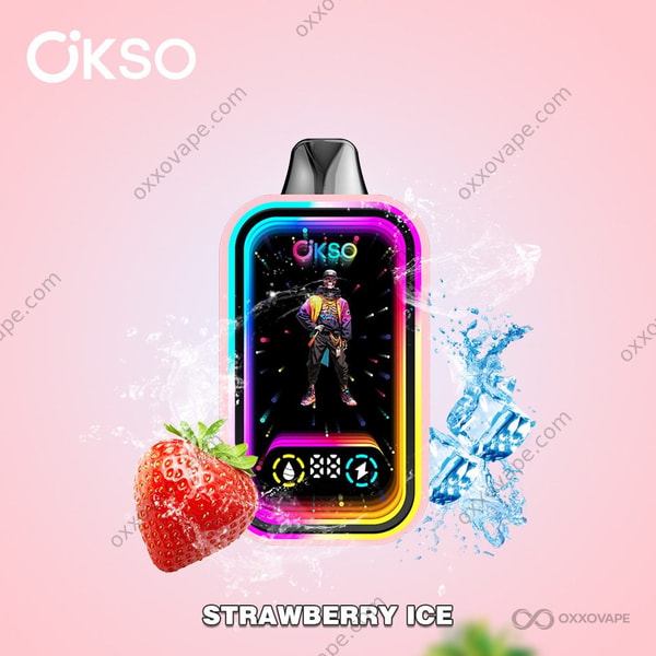 OKSO Magic Mirror 50000 Strawberry Ice wegwerpvapeverpakking met rode aardbei en op vorst geïnspireerd ontwerp