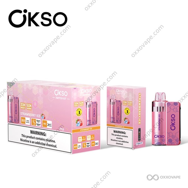 OKSO Switch Kit 50K Strawberry Ice pod in red and icy white packaging with fresh strawberry graphic and menthol frost design