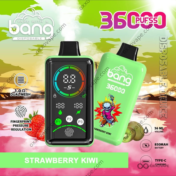 Vape usa e getta Bang 36000 Power al gusto di fragola e kiwi con vivace finitura rossa e verde a tema tropicale