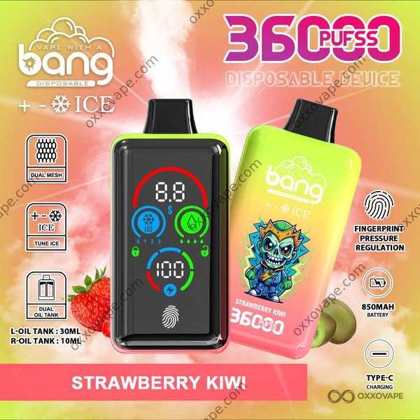 Bang 36000 Ice Level Strawberry Kiwi flavor packaging with pink and green tropical fruit design