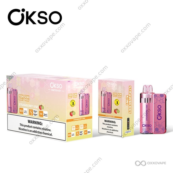 OKSO Switch Kit 50K Erdbeer-Kiwi-Schote in rosa und grüner Verpackung mit Illustrationen reifer Erdbeeren und Kiwis