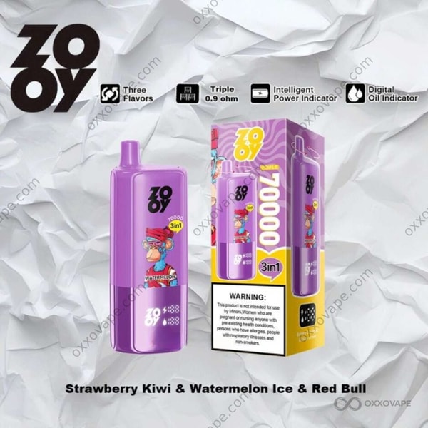 ZOOY Triple 70000 Strawberry Kiwi Watermelon Ice Red Bull flavor packaging with tropical green and red design