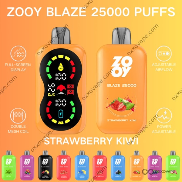 ZOOY Blaze 25000 Strawberry Kiwi flavor disposable vape with red and green fruity packaging design