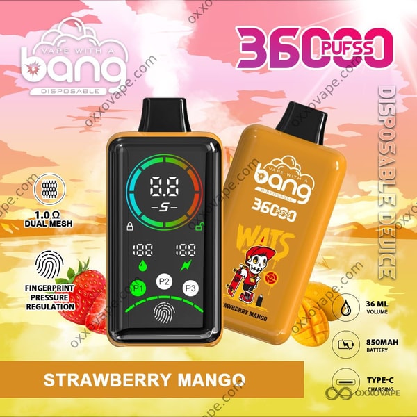 Bang 36000 Power Strawberry Mango flavor disposable vape with bright orange and red tropical fruit-themed device