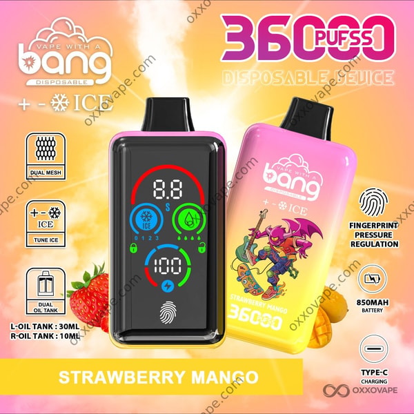 Bang 36000 Ice Level Strawberry Mango flavor device with warm orange and red tropical color scheme