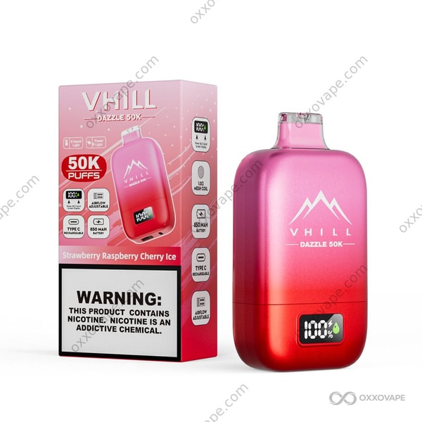 VHILL Dazzle 50000 Strawberry Raspberry Cherry Ice with red berry and icy blue gradient packaging