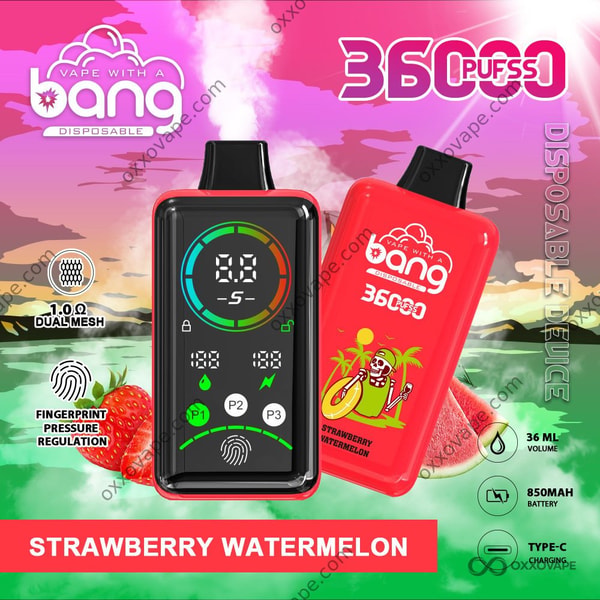 Bang 36000 Power Strawberry Watermelon flavor disposable vape with pink and green dual-fruit themed packaging