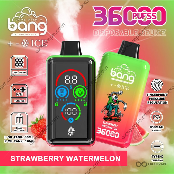 Bang 36000 Ice Level Strawberry Watermelon flavor packaging showing red and green color scheme