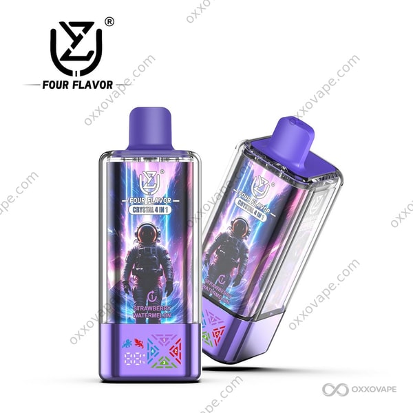 UZY Crystal 100000 disposable vape pack 1 featuring Strawberry Watermelon, Blue Razz Ice, Blueberry Raspberry Cherry, and Fizzy Cherry Ice flavors