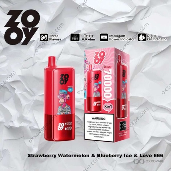 ZOOY Triple 70000 Strawberry Watermelon Blueberry Ice Love 666 flavor packaging with pink and blue gradient design