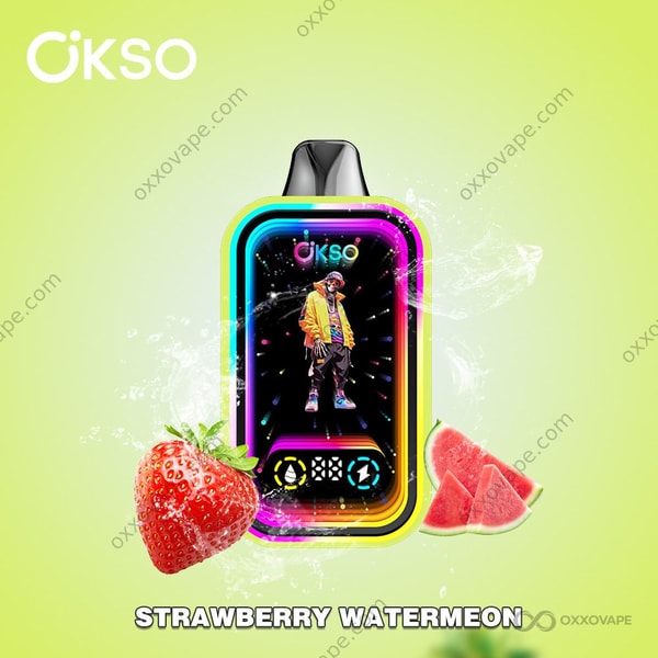 OKSO Magic Mirror 50000 Aardbeienwatermeloen wegwerpvapebox met dubbel rood aardbei- en groen watermeloenontwerp