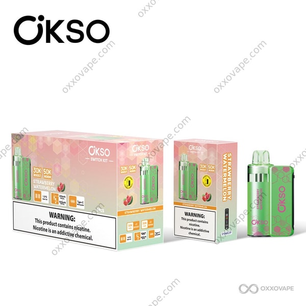 OKSO Switch Kit 50K Strawberry Watermelon pod packaging in red and green dual-tone design with fruit graphic elements