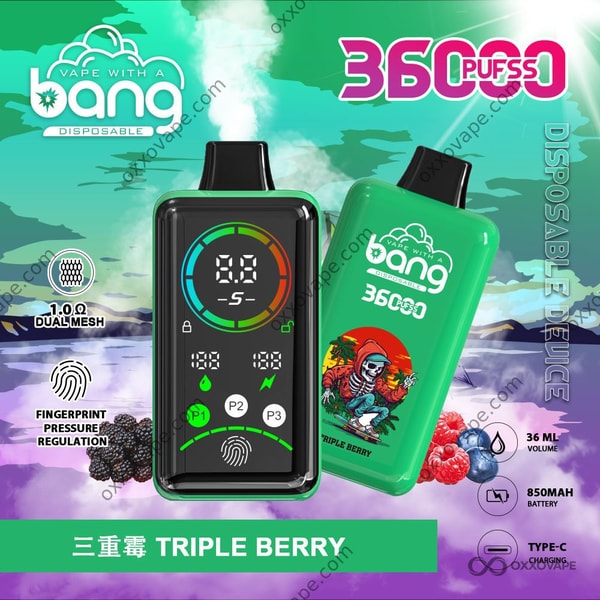 Vape usa e getta Bang 36000 Power Triple Berry con confezione a tema bacche dai toni viola