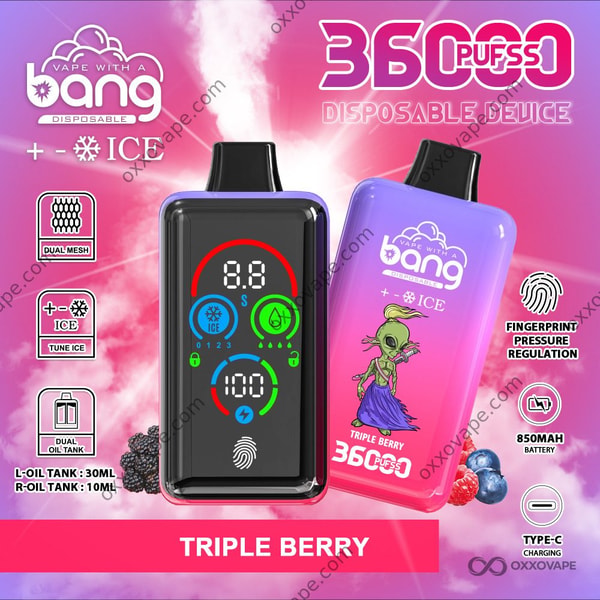 Bang 36000 Ice Level Triple Berry flavor device with multi-tone purple and red mixed berry design