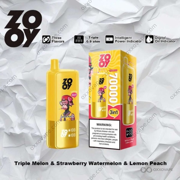ZOOY Triple 70000 Triple Melon Strawberry Watermelon Lemon Peach flavor packaging with soft orange and green tones
