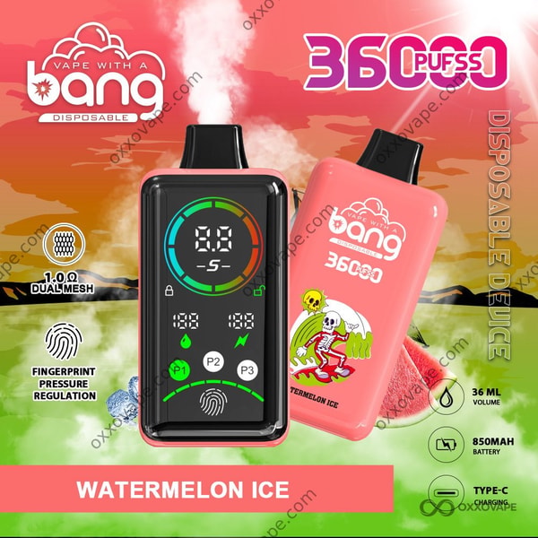 Bang 36000 Power Watermelon Ice flavor disposable vape with bright green and white icy-themed device packaging
