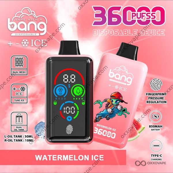 Bang 36000 Ice Level Watermelon Ice flavor device with cool green and white icy-themed design