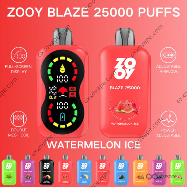 ZOOY Blaze 25000 Watermelon Ice flavor disposable vape packaging with green and red color scheme