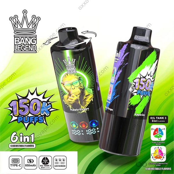 Bang Legend 150000 packaging featuring green apple and purple grape illustrations