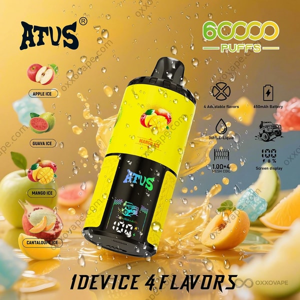 ATVS Warship 60000 yellow device variant packaging for Apple Ice, Guava Ice, Mango Ice and Cantaloupe Ice 4-in-1 flavors
