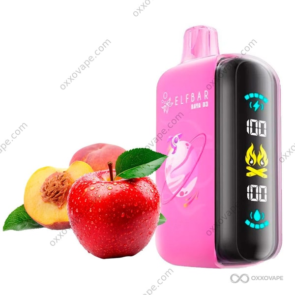 Apple Peach flavor box for Elf Bar Raya D3 25000 disposable vape with apple and peach illustration