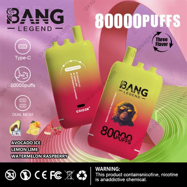 Bang Legend 80000 box art for Avocado Ice Lemon Lime Watermelon Raspberry unique flavor trio