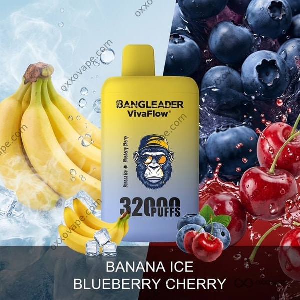 Bang Leader 32000 Banana Ice Blueberry Cherry packaging showing banana slices and cherry pairs