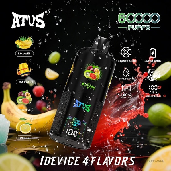 ATVS Warship 60000 black device variant for Banana Ice, Red Bull, Mixed Fruit and Lemon Lime 4-in-1 flavor combination