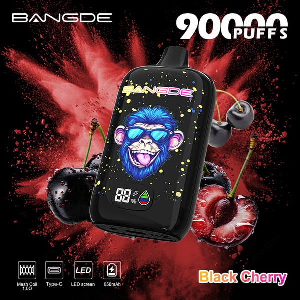 Bang DE 90000 Black Cherry flavor box with dark cherry and red accent design