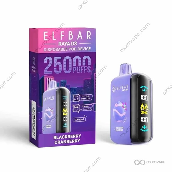 Blackberry Cranberry flavor box for Elf Bar Raya D3 25000 disposable vape with dark berry graphics