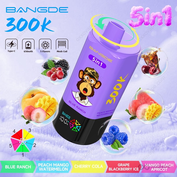 Bang DE 300000 packaging displaying Blue Ranch, Peach Mango Watermelon, Cherry Cola, Grape Blackberry Ice and Mango Peach Apricot labels