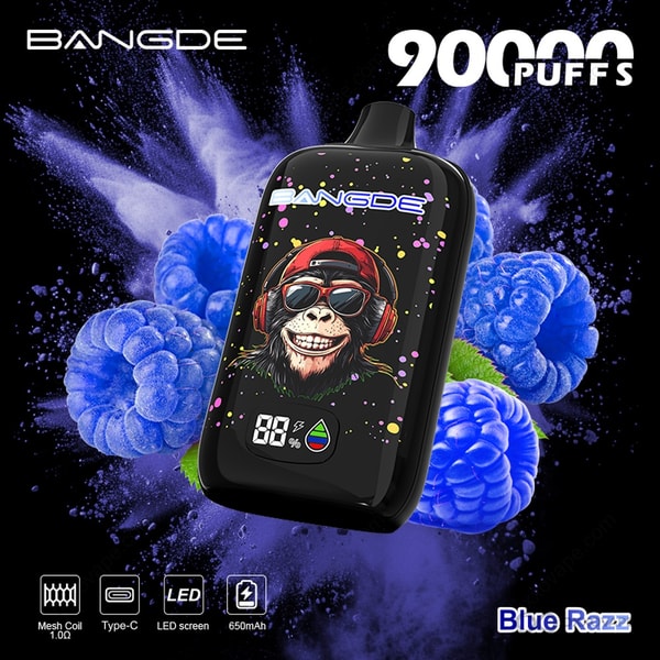 Bang DE 90000 Blue Razz flavor box featuring vibrant blue raspberry design