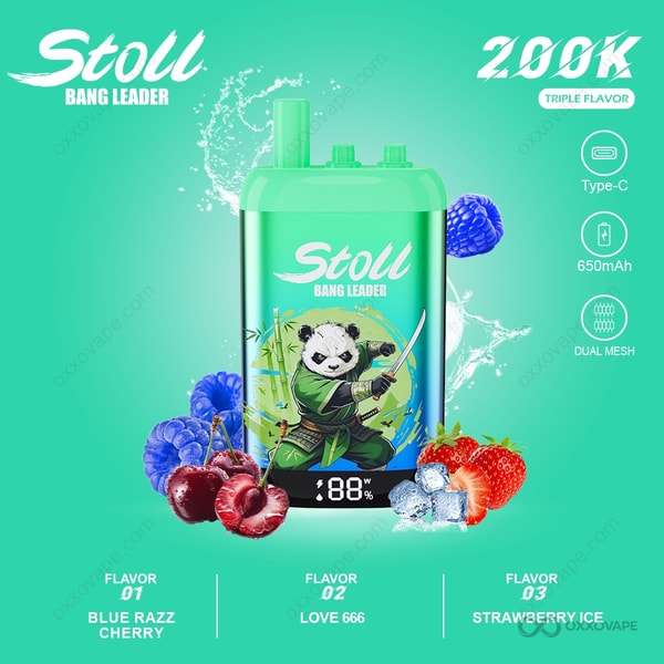 Packaging for Bang Leader Stoll Blue Razz Cherry Love 666 Strawberry Ice flavor trio with bold red and blue heart artwork