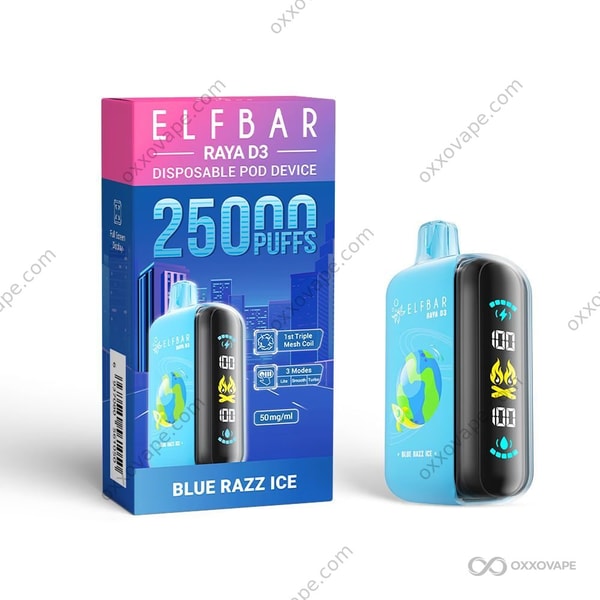 Blue Razz Ice flavor box for Elf Bar Raya D3 25000 disposable vape with frosted blue raspberry artwork