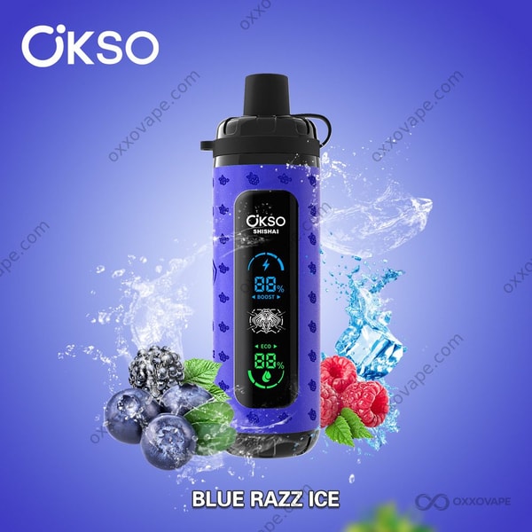 Verpackung der Blue Razz Ice Geschmacksrichtung für den OKSO Shisha Max 40000 Einweg-Vape mit blauen Himbeer- und Frost-Grafiken