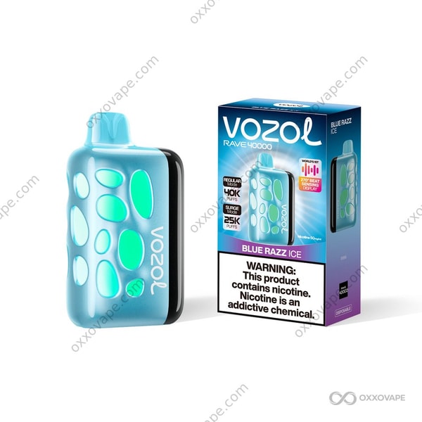 Vozol Rave 40000 Blue Razz Ice flavor box with blue raspberry cluster and icy frost design